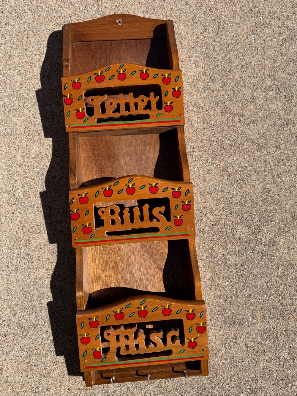 Vintage Wood Mail Organizer Apple Letters Bills Misc Wall Hanging